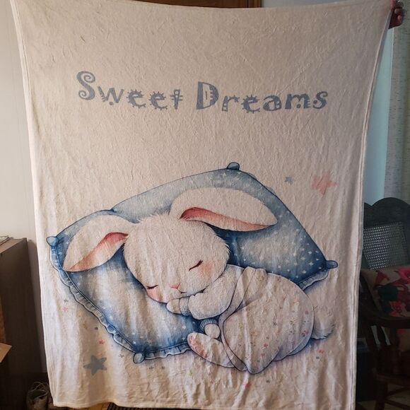 "Sweet Dreams" Bunny Lightweight Fleece Blanket - White and Blue - 50" x 60" - Picture 1 of 3